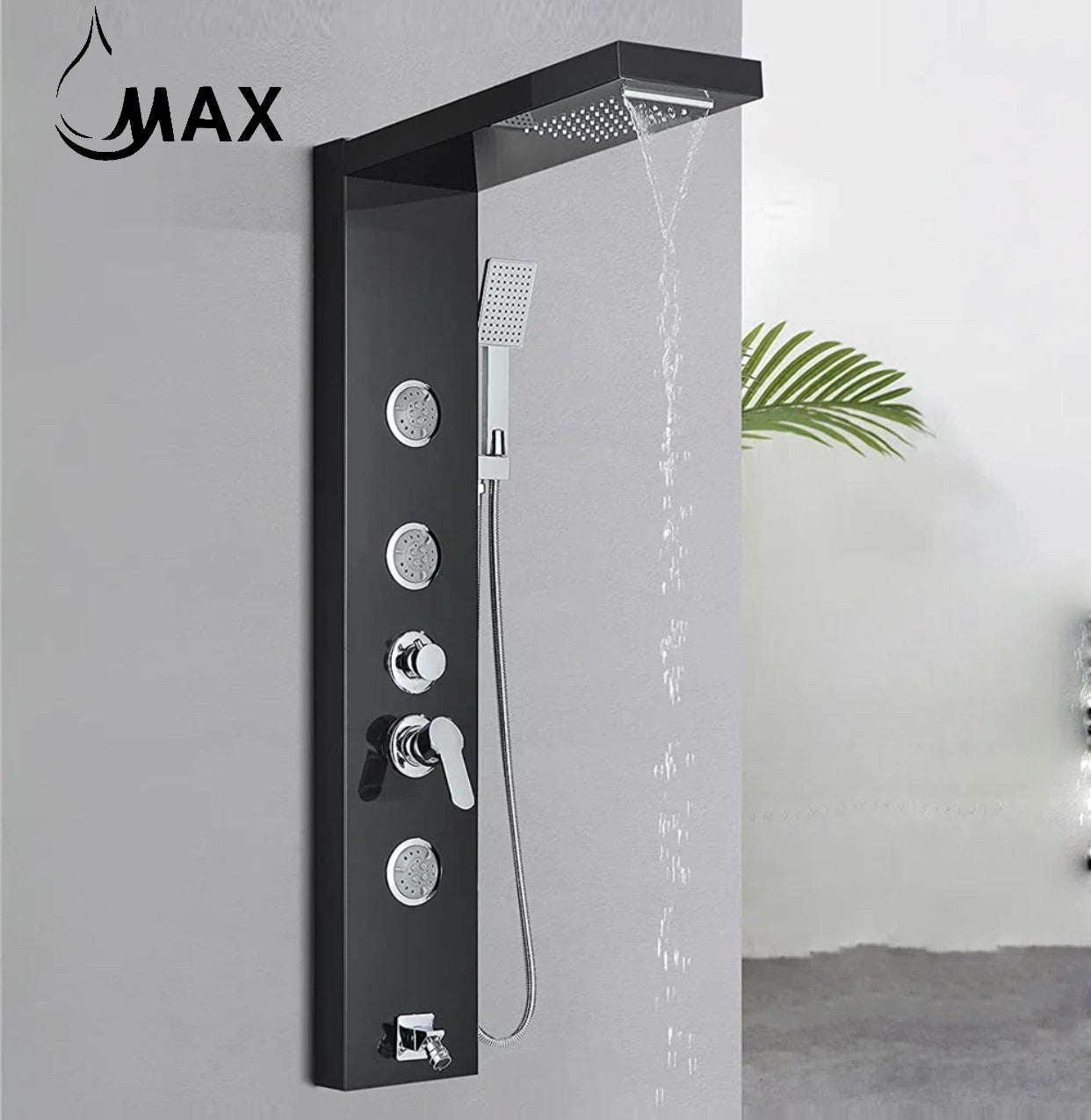Rainfall Shower Panel System Five Functions with 3 Massage Jets and Handheld Black Finish