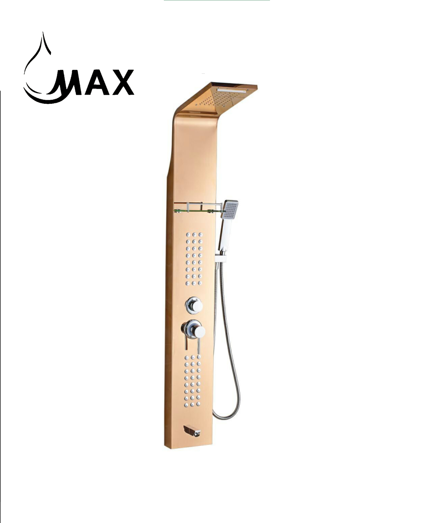 Thermostatic Waterfall Shower Panel System with Massage Jets and Handheld Rose Gold