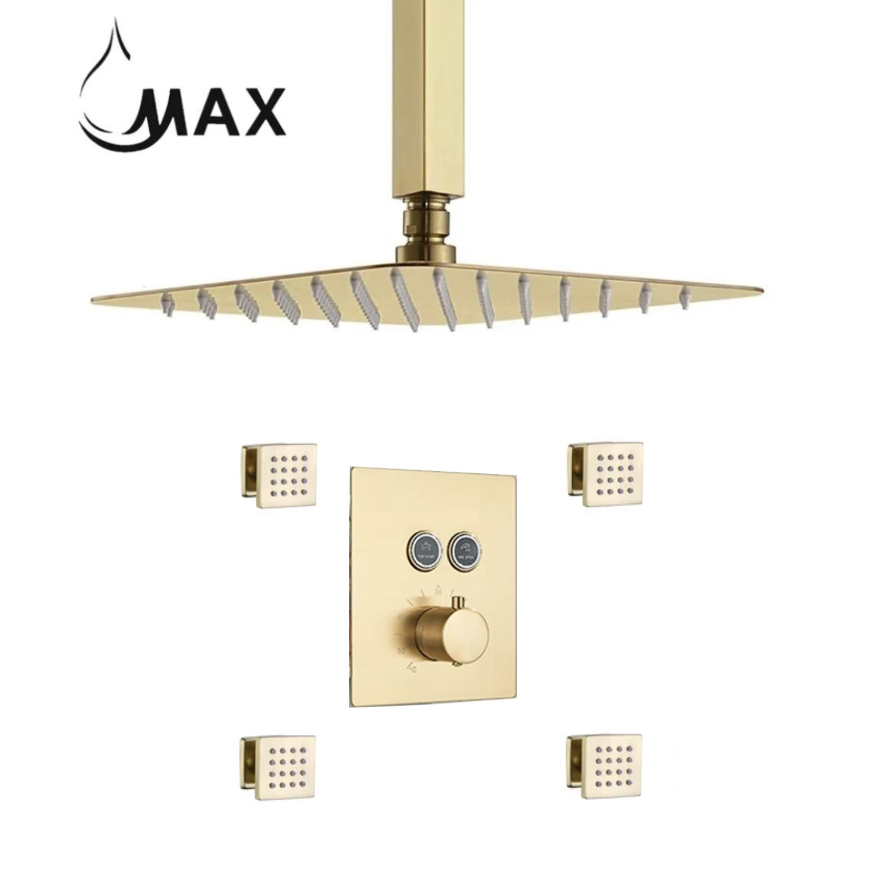 Ceiling Thermostatic Shower System Two Function With 4 Body Jets and Valve Brushed Gold Finish