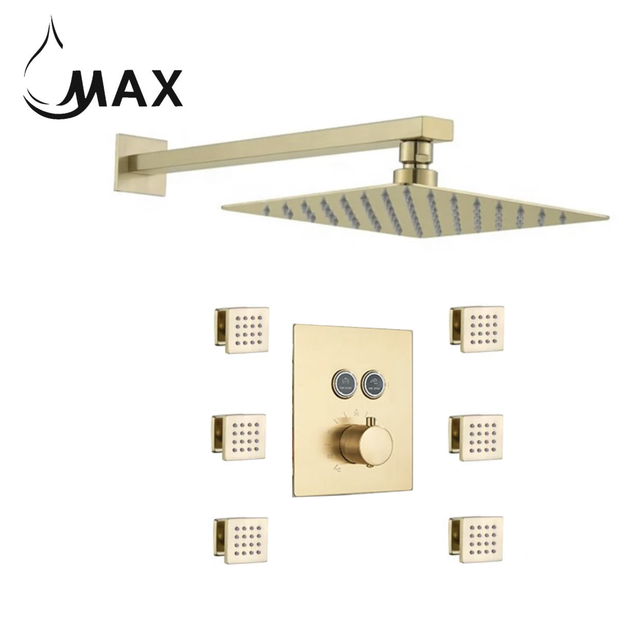 Thermostatic Shower System Two Function With 6 Body Jets and Valve Brushed Gold Finish