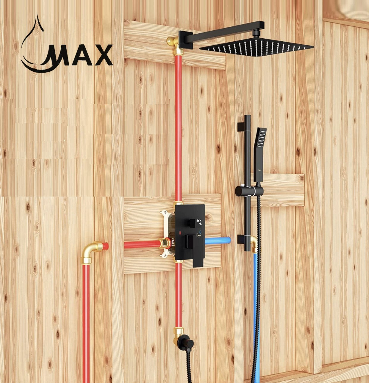 Square Wall Mounted Shower System Two Functions With Hand-Held Slide Bar Matte Black Finish
