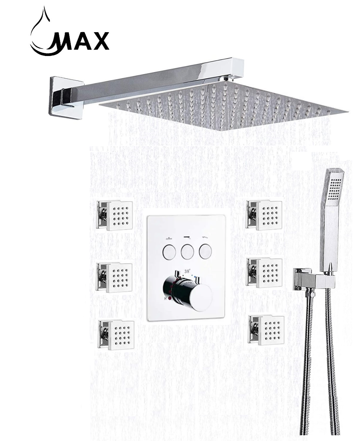 Thermostatic Shower System Three Function Handheld With 6 Body Jets and Valve Chrome Finish
