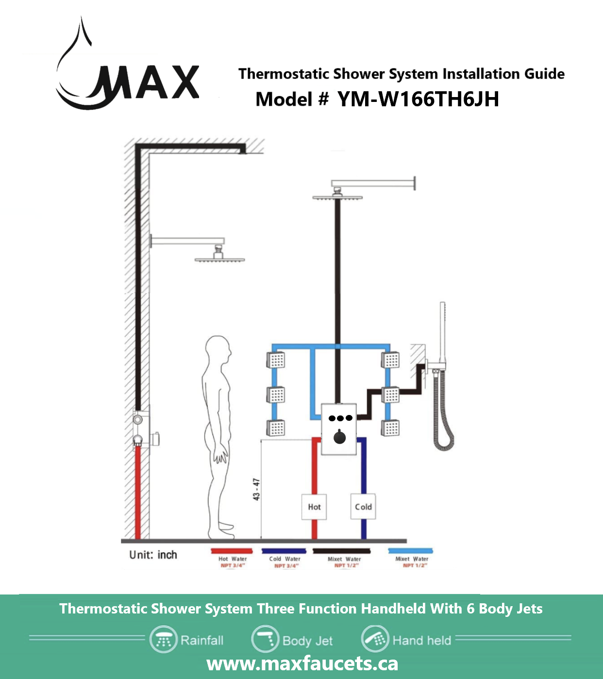Thermostatic Shower System Three Function Handheld With 6 Body Jets and Valve Brushed Gold Finish