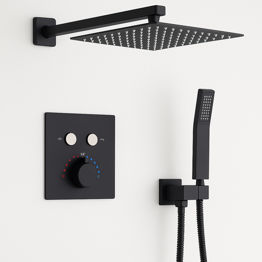 MAX Faucets | Thermostatic Shower System Two Functions With Push-buttons Pressure-Balance Valve Matte Black Finish