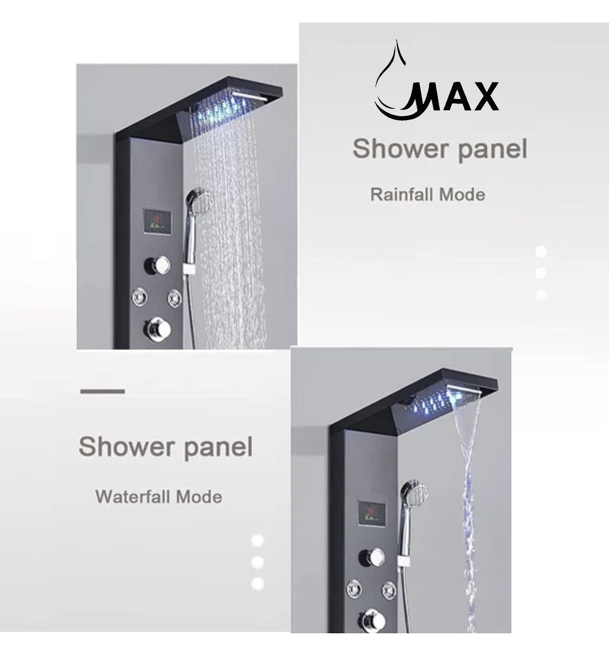 Thermostatic Rainfall Shower Panel System 6 Function with 8 Massage Jets and Handheld Black Finish