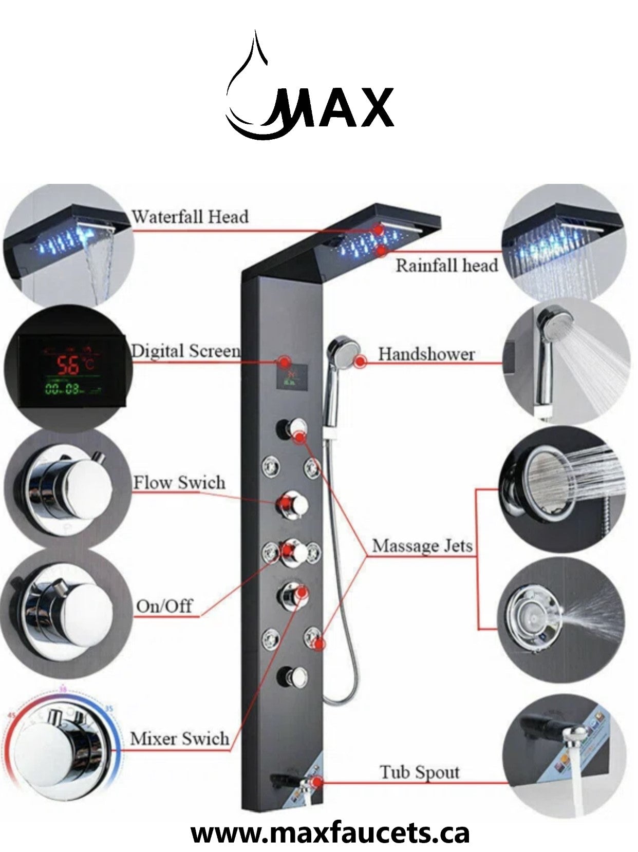 Thermostatic Rainfall Shower Panel System 6 Function with 8 Massage Jets and Handheld Black Finish