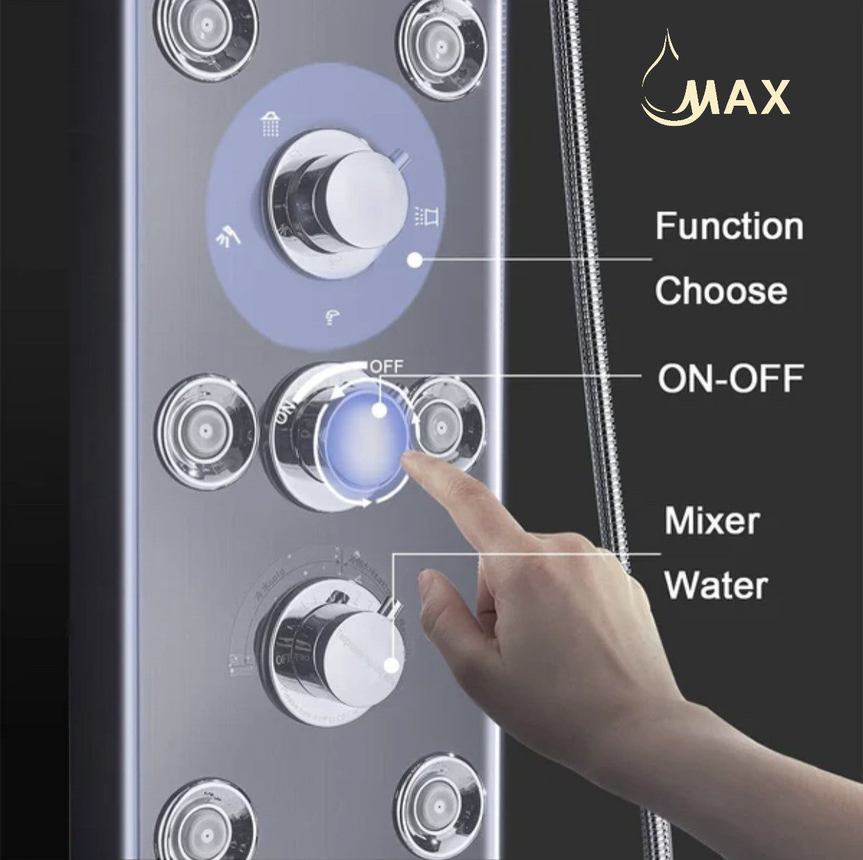 Thermostatic Rainfall Shower Panel System 6 Function with 8 Massage Jets and Handheld Black Finish