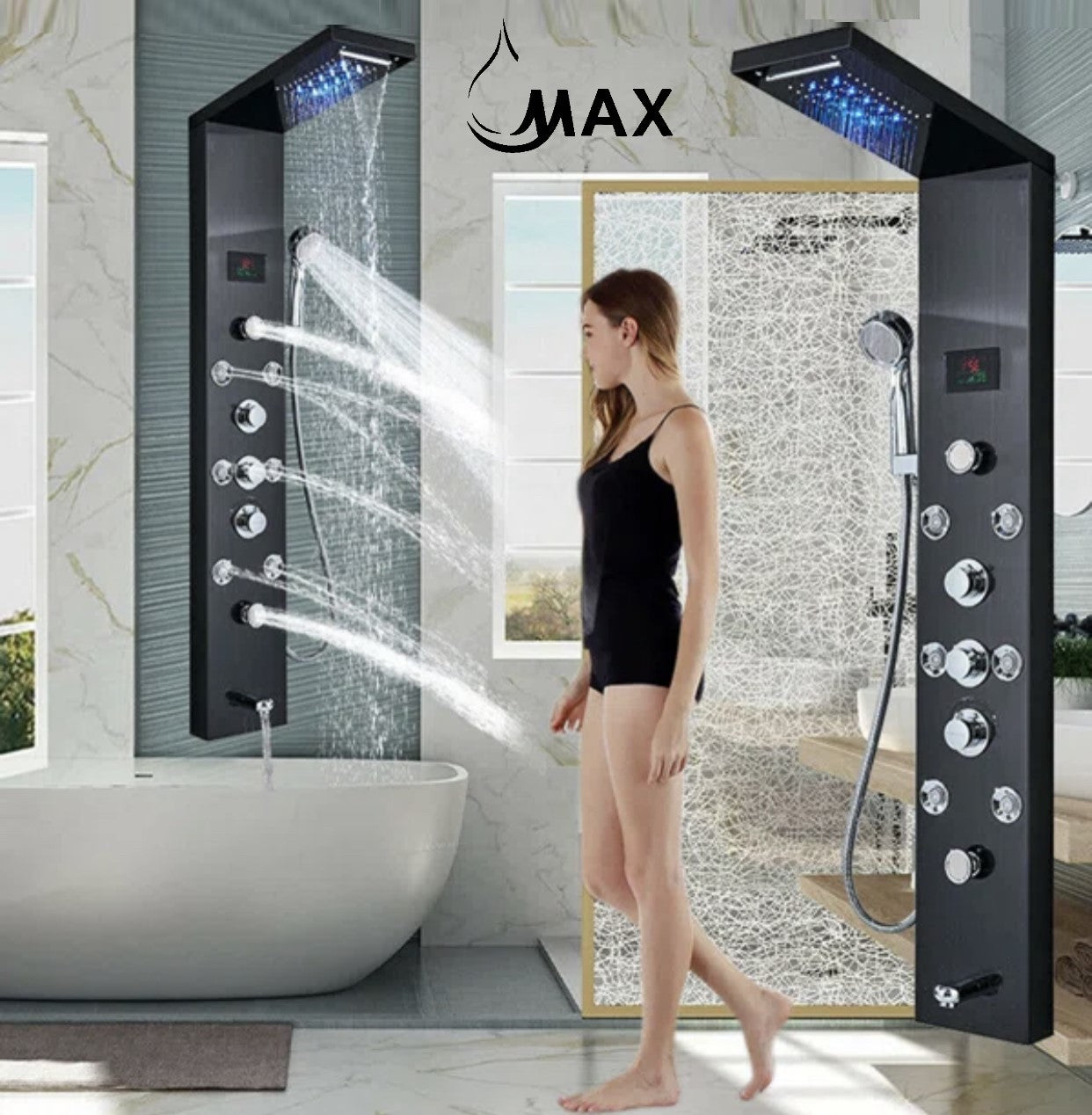 Thermostatic Rainfall Shower Panel System 6 Function with 8 Massage Jets and Handheld Black Finish