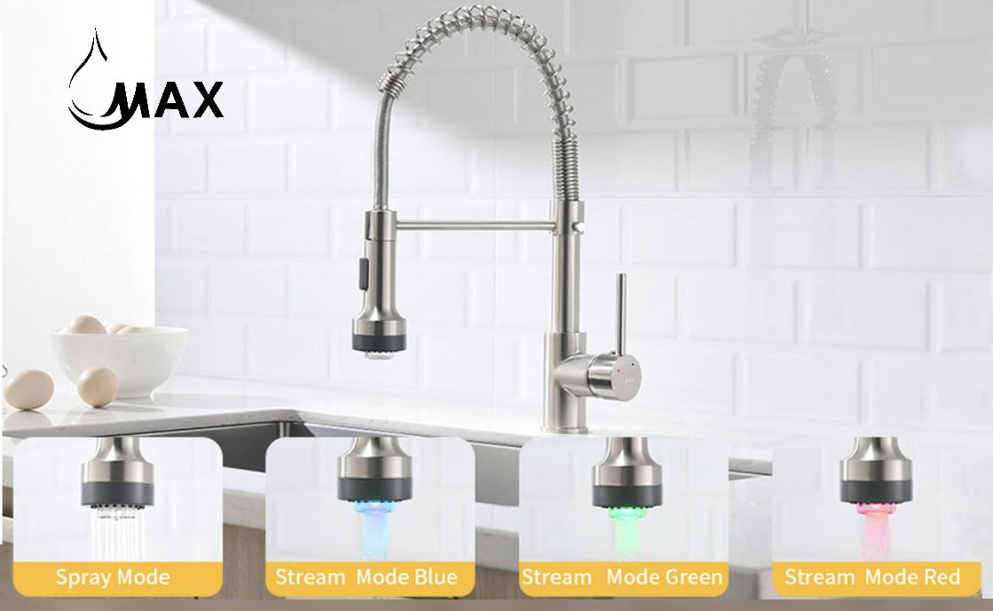 Pull-Down Spiral Flexible Kitchen Faucet 16.5" With LED Light Brushed Nickel Finish