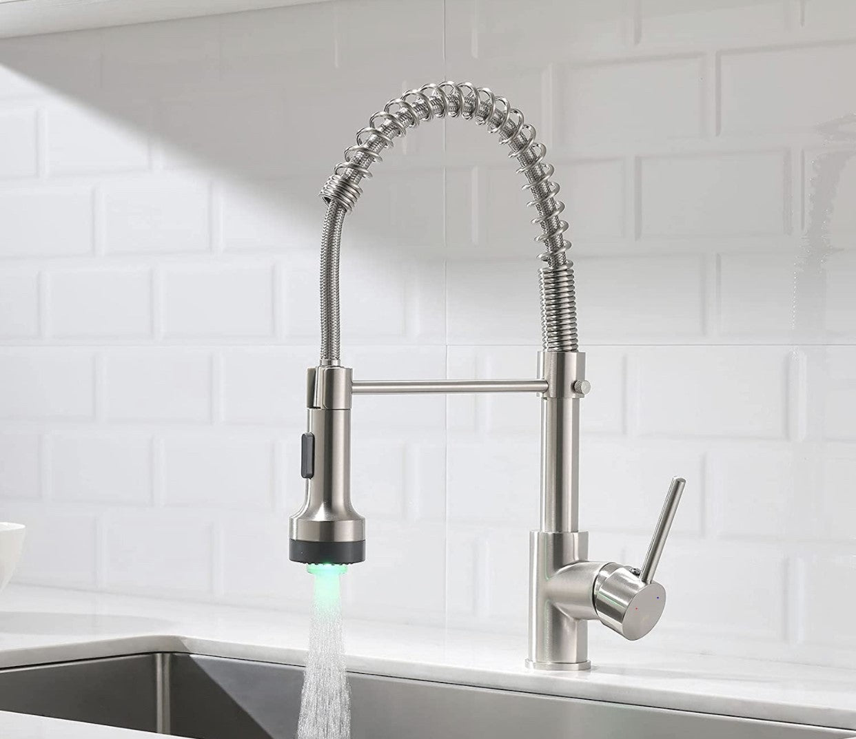 Pull-Down Spiral Flexible Kitchen Faucet 16.5" With LED Light And Soap Dispenser Brushed Nickel Finish