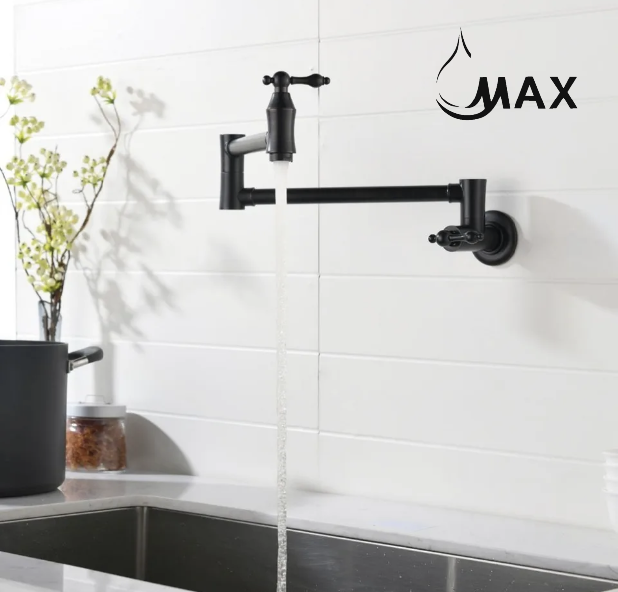 Pot Filler Faucet Double Handle Traditional Wall Mounted 27" With Accessories Matte Black Finish