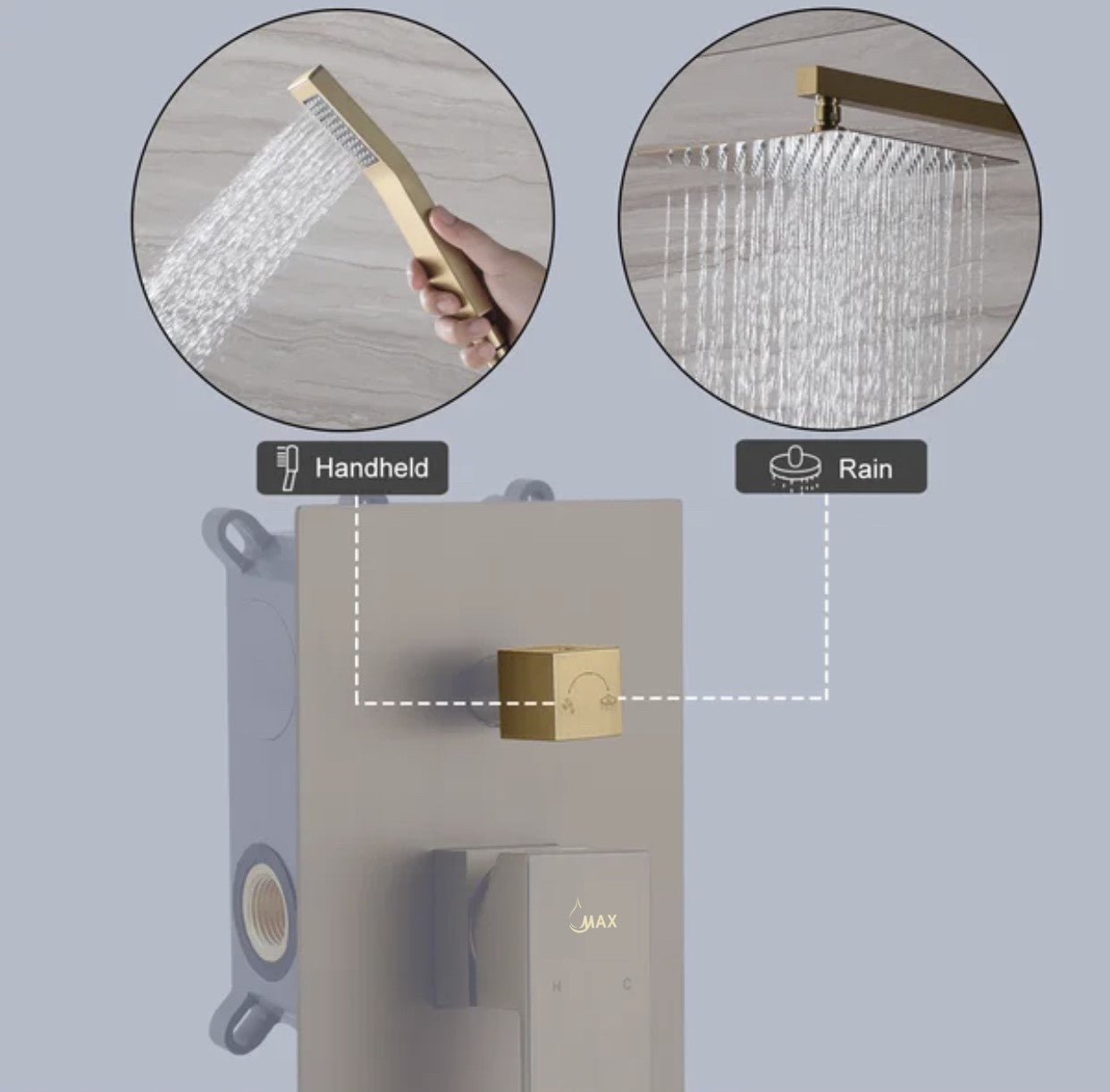 Square Wall Mounted Shower System Two Functions With Hand-Held Slide Bar Brushed Gold