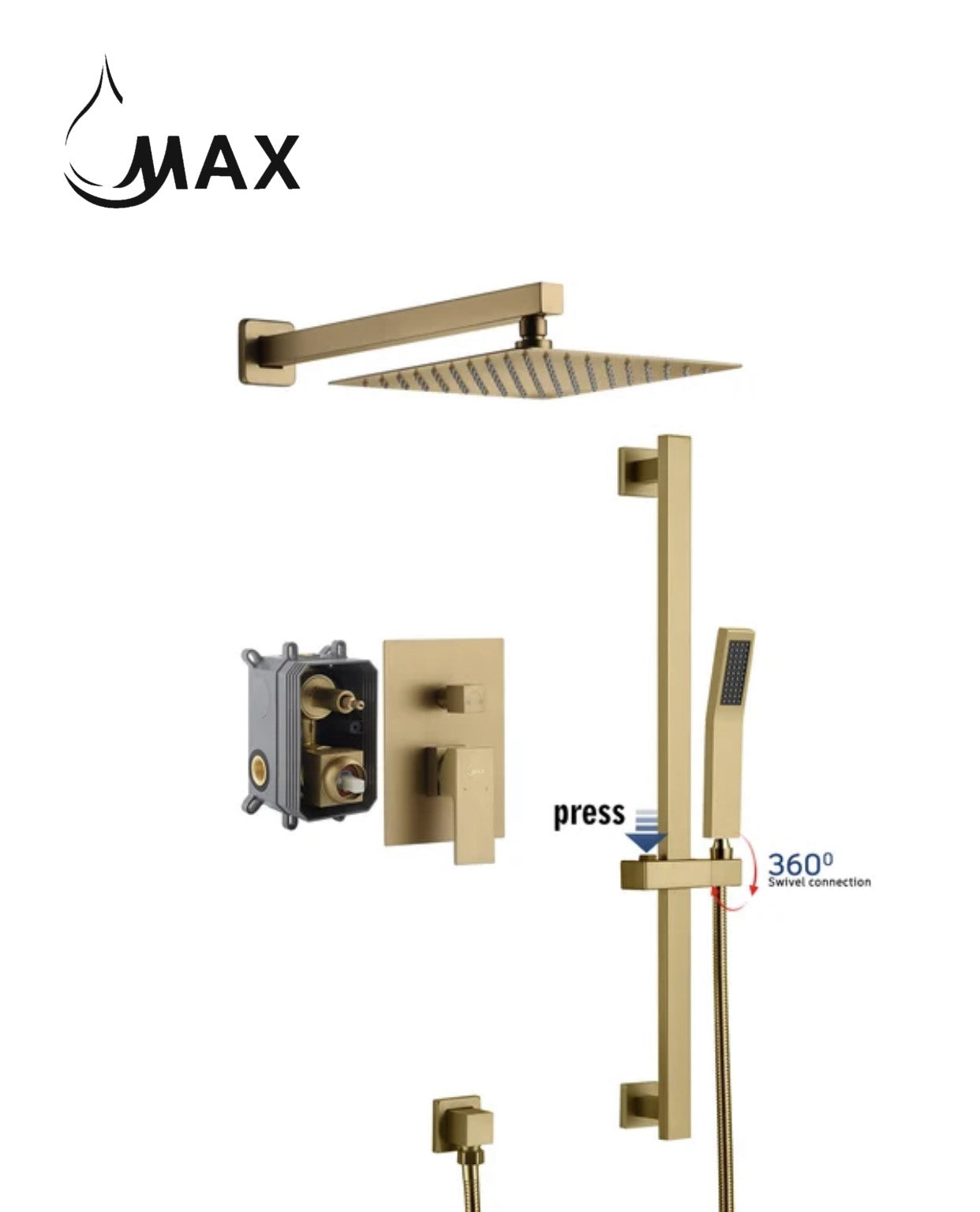 Square Wall Mounted Shower System Two Functions With Hand-Held Slide Bar Brushed Gold