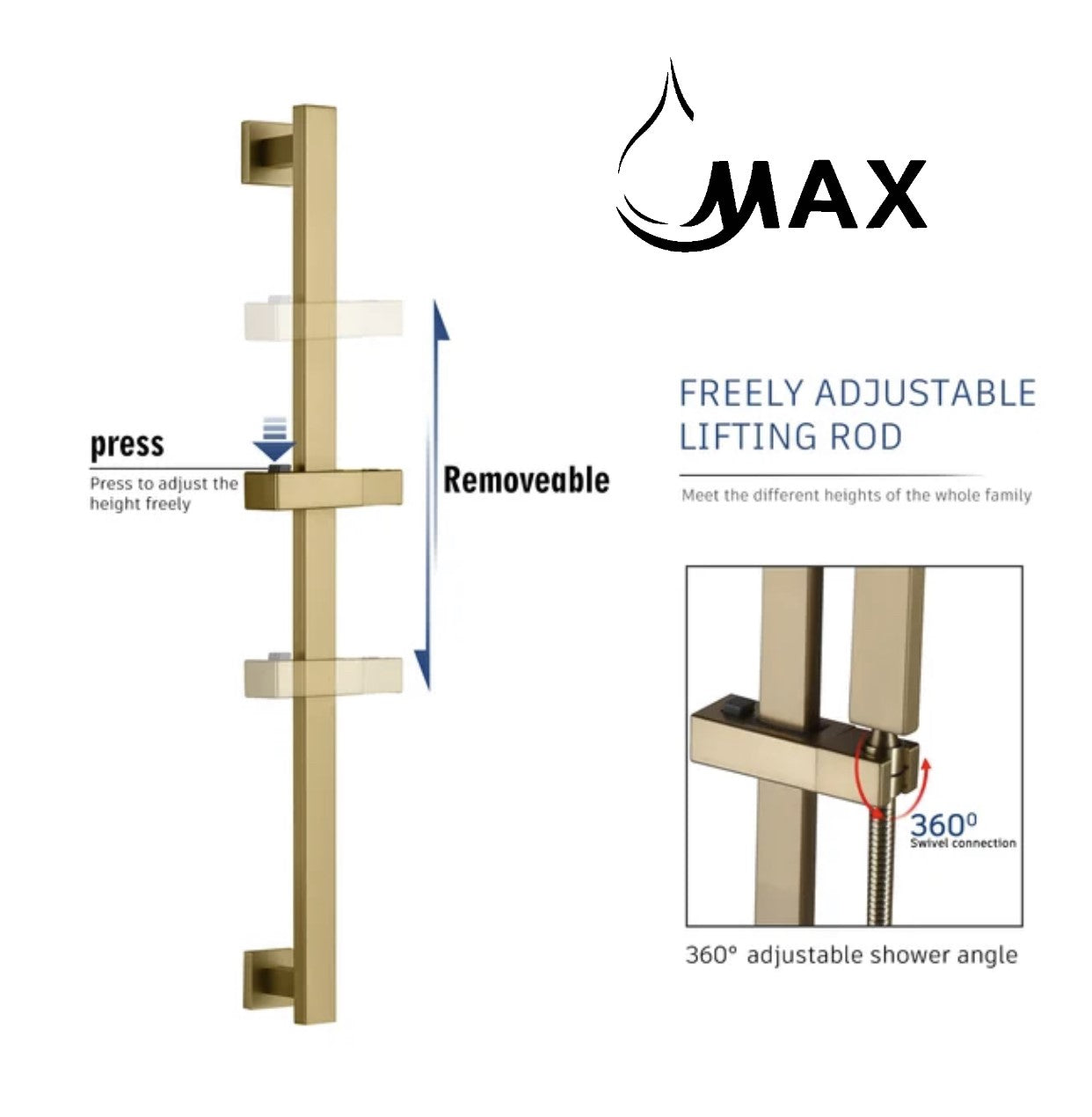 Square Single-Setting Slide Bar Hand Shower In Brushed Gold Finish