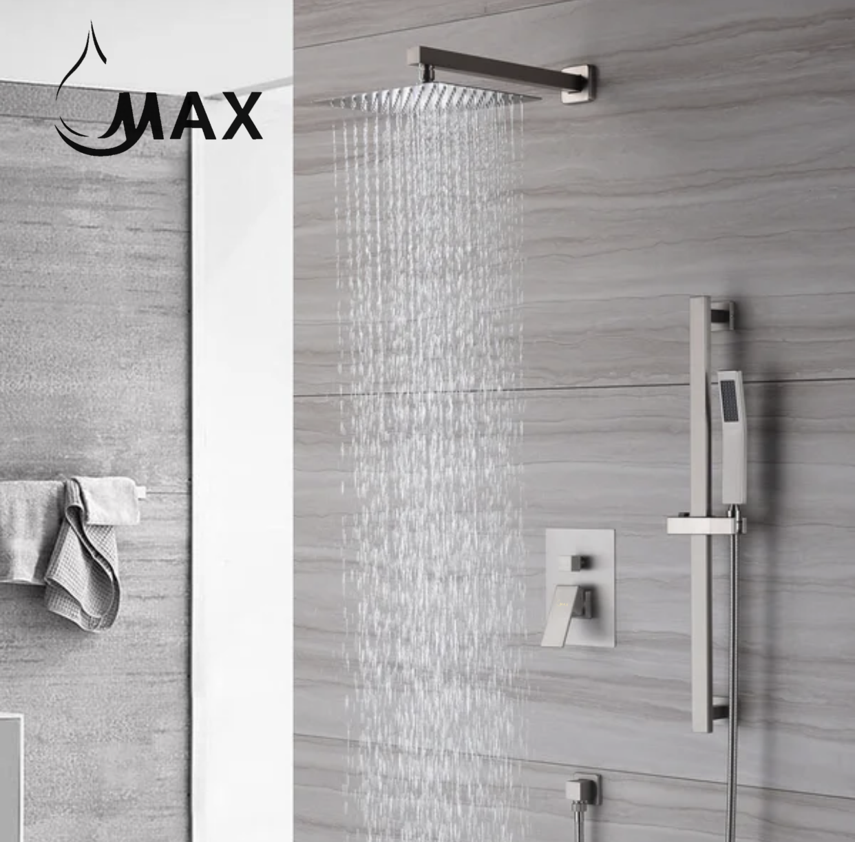 Square Wall Mounted Shower System Two Functions With Hand-Held Slide Bar Brushed Nickel