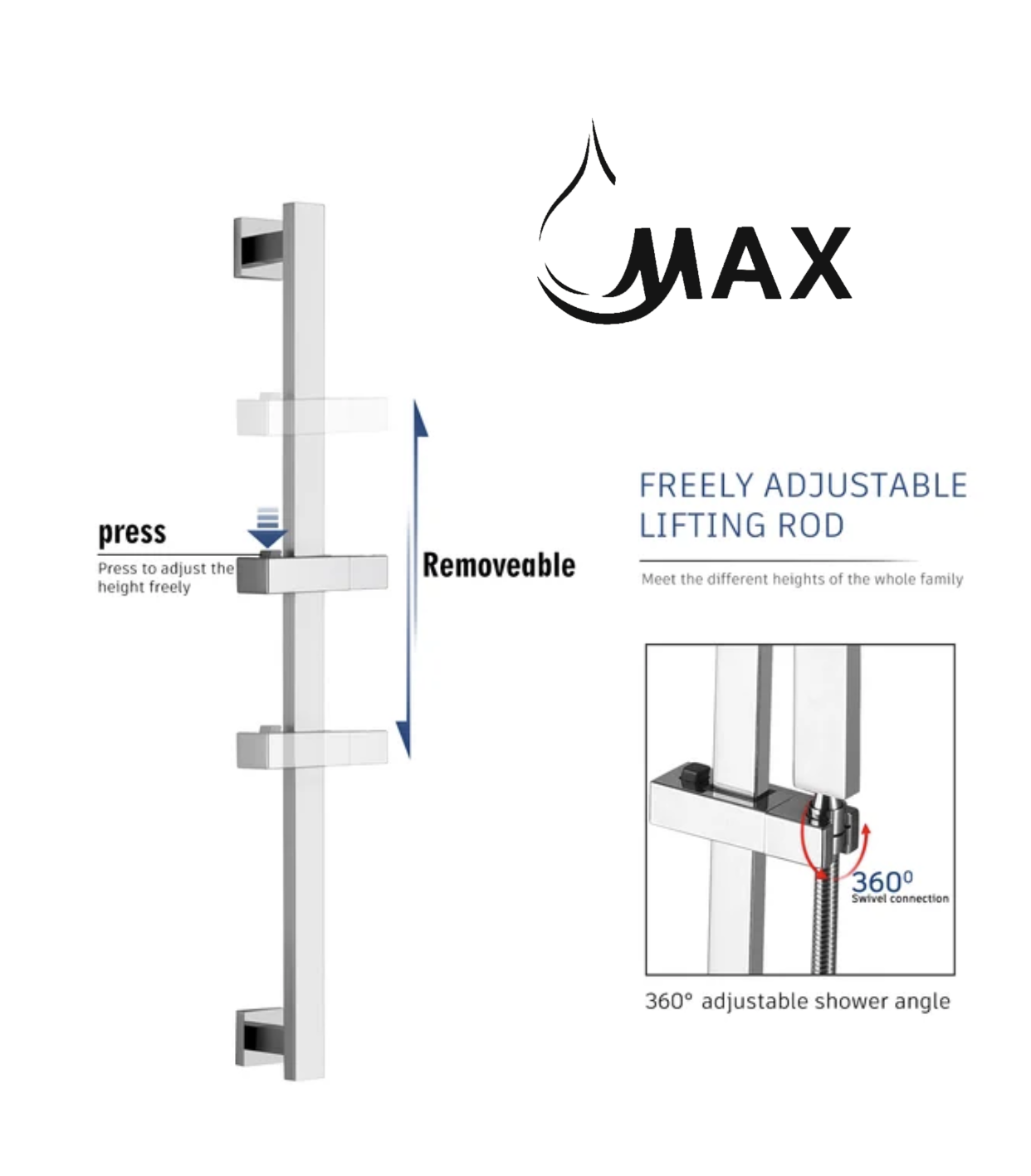 Square Single-Setting Slide Bar Hand Shower Chrome Finish