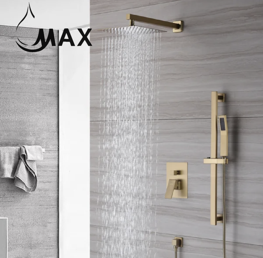 Square Wall Mounted Shower System Two Functions With Hand-Held Slide Bar Brushed Gold