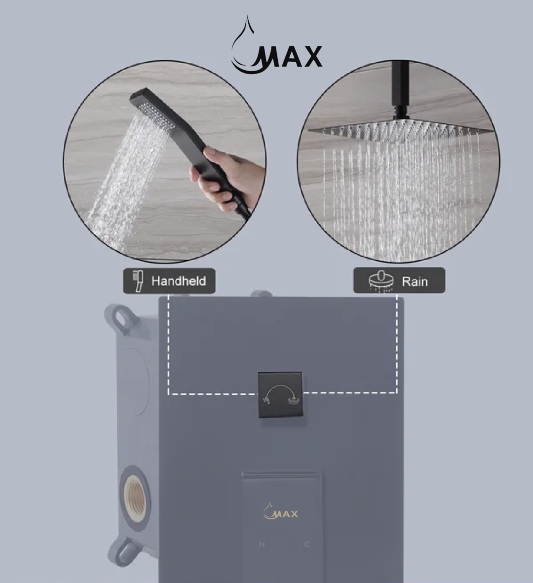 Square Wall Mounted Shower System Two Functions With Hand-Held Slide Bar Matte Black Finish