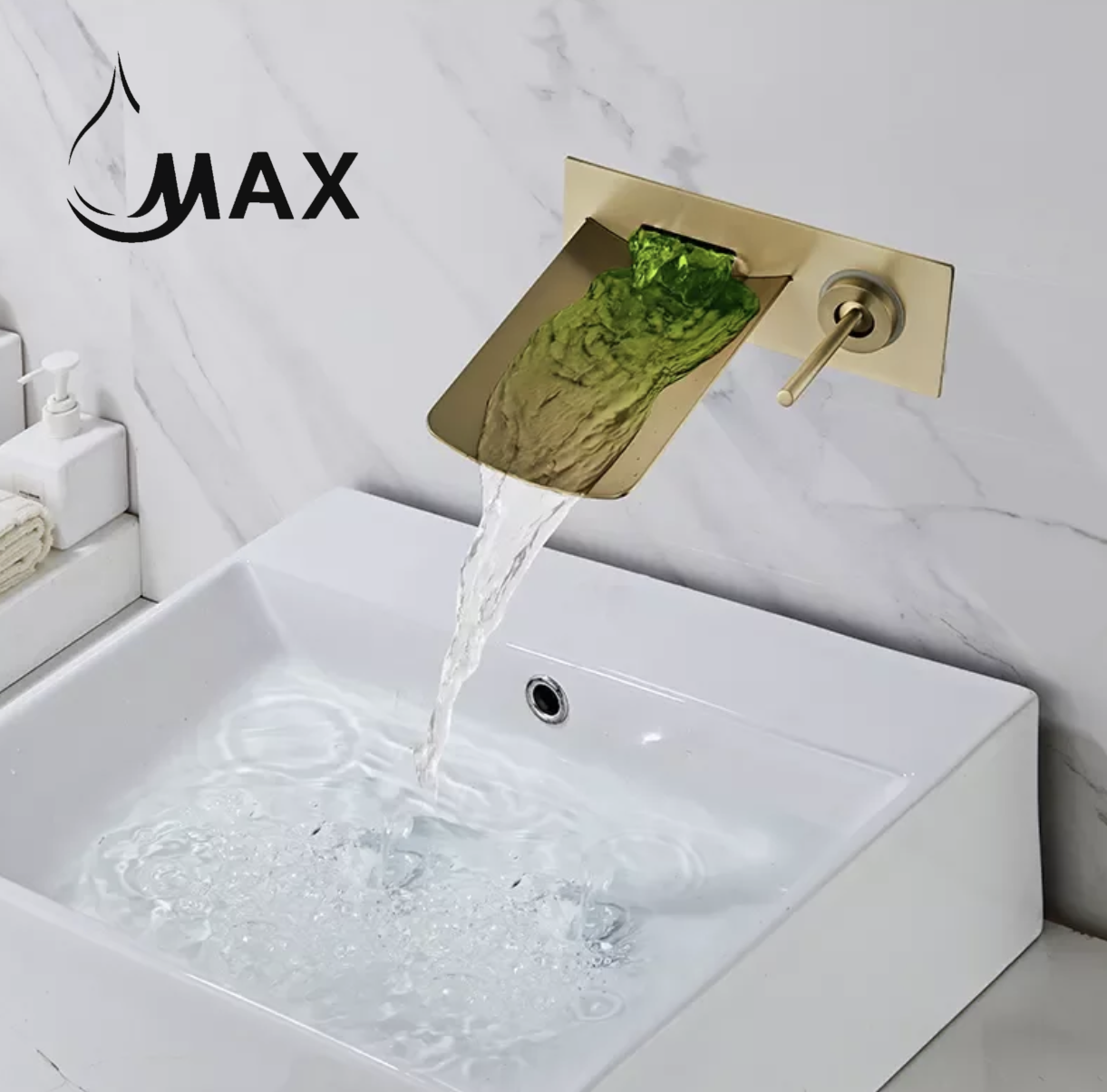 Waterfall Wall Mounted Bathroom Faucet With LED Light Brushed Gold Finish