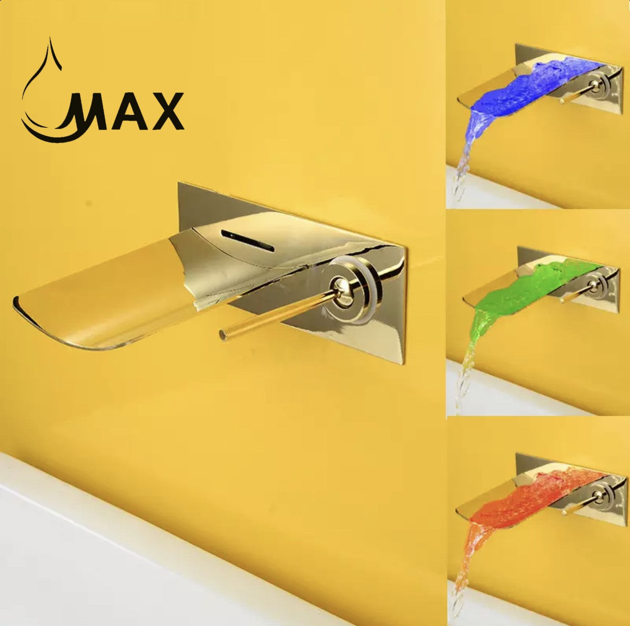 Waterfall Wall Mounted Bathroom Faucet With LED Light Brushed Gold Finish
