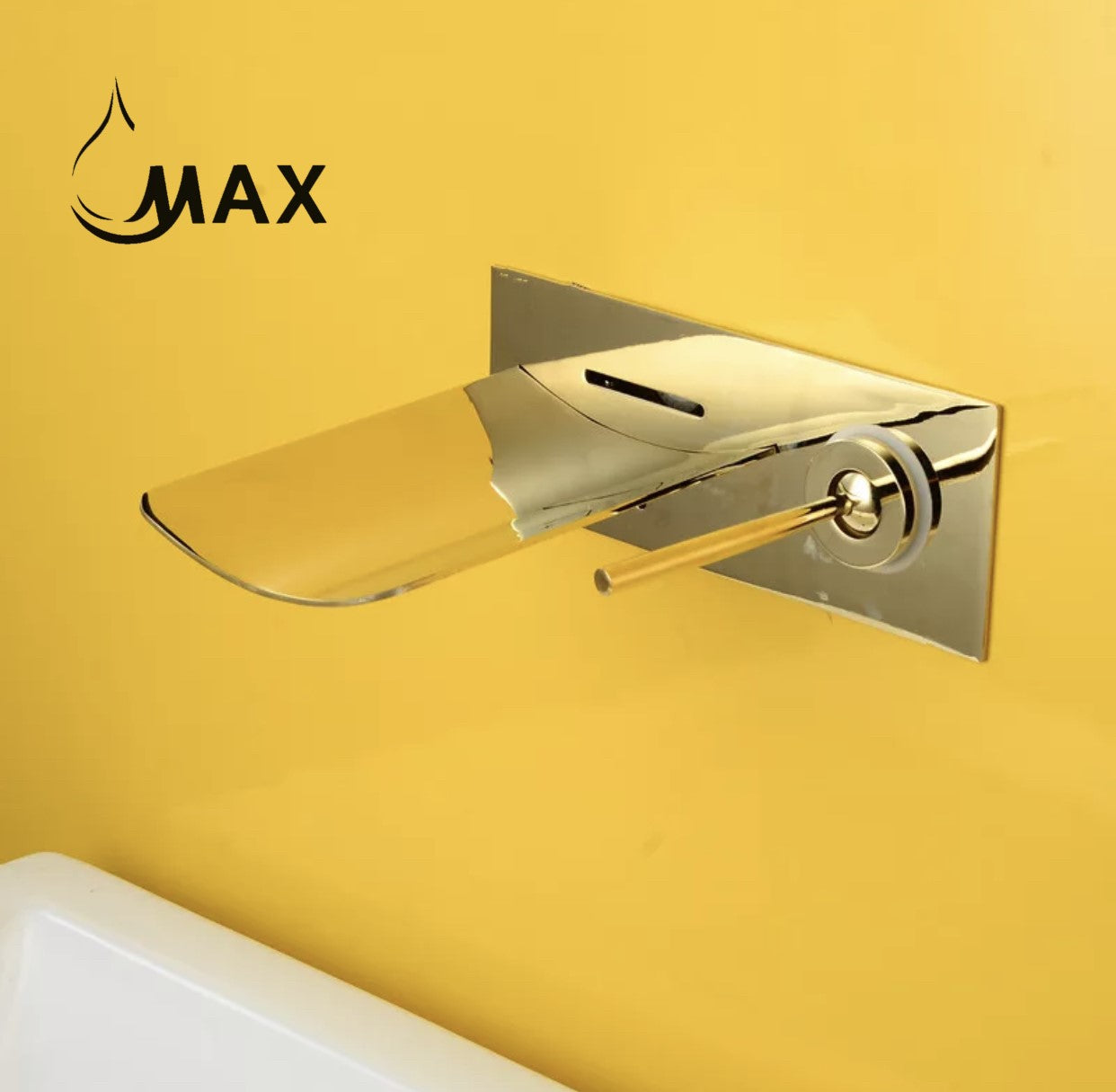 Waterfall Wall Mounted Bathroom Faucet With LED Light Brushed Gold Finish