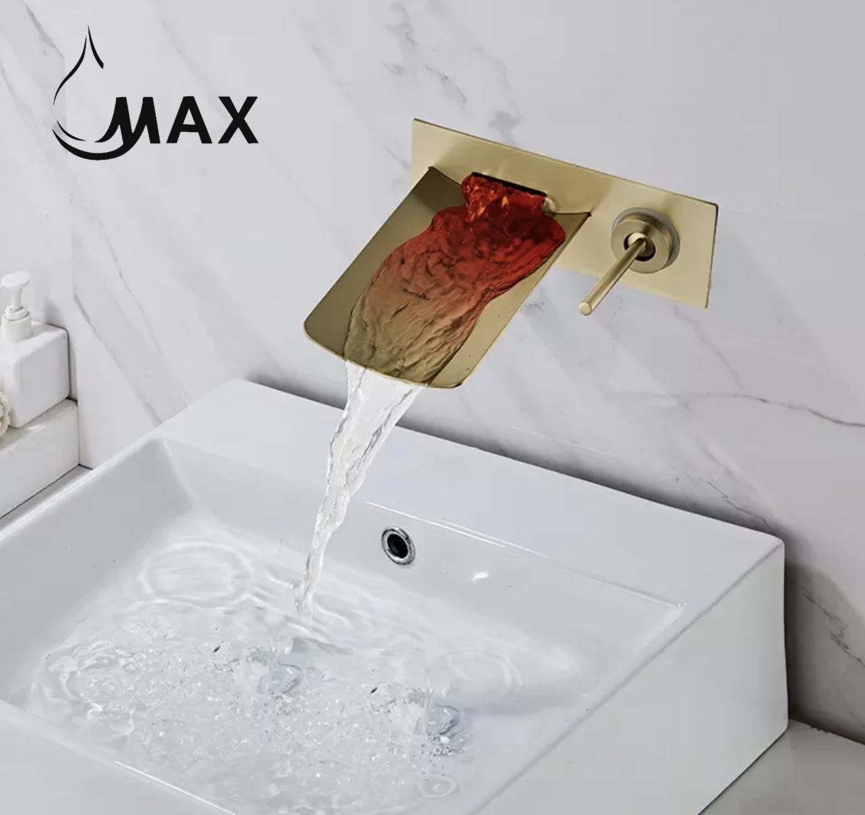 Waterfall Wall Mounted Bathroom Faucet With LED Light Brushed Gold Finish