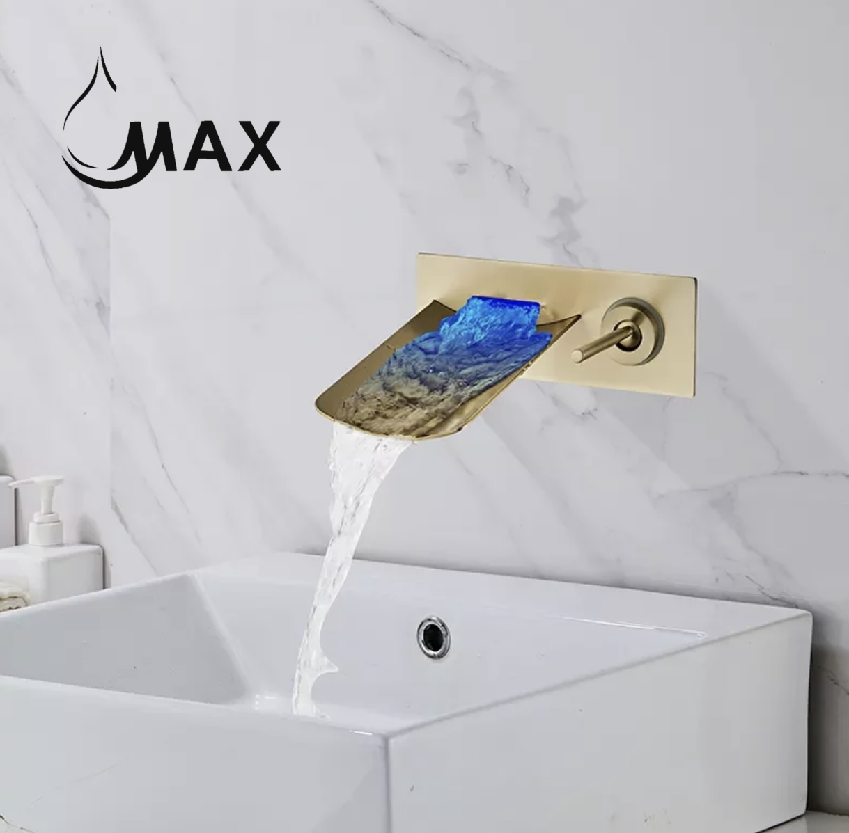 Waterfall Wall Mounted Bathroom Faucet With LED Light Brushed Gold Finish