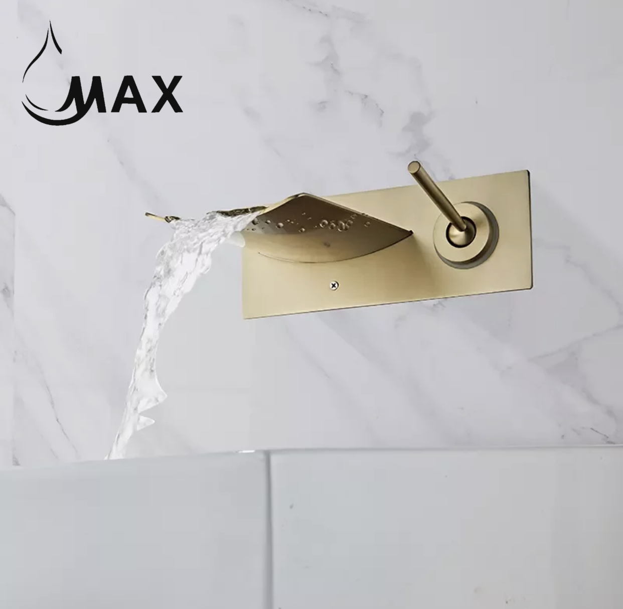 Waterfall Wall Mounted Bathroom Faucet With LED Light Brushed Gold Finish