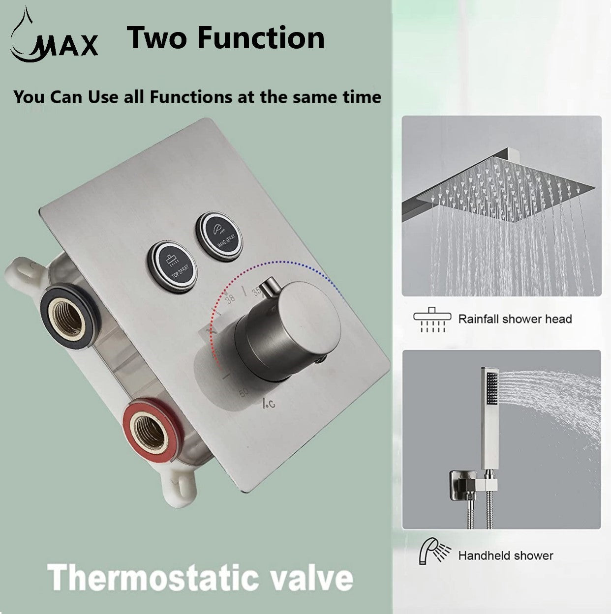 Thermostatic Shower System Two Functions With Valve Square Design Brushed Nickel Finish