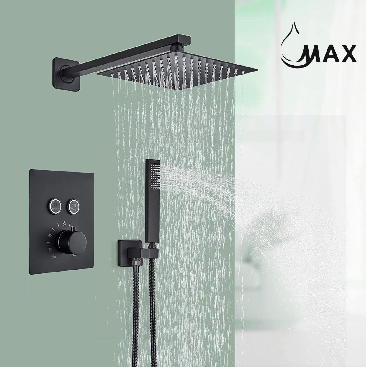 Thermostatic Square Shower System Two Functions With Valve Matte Black Finish