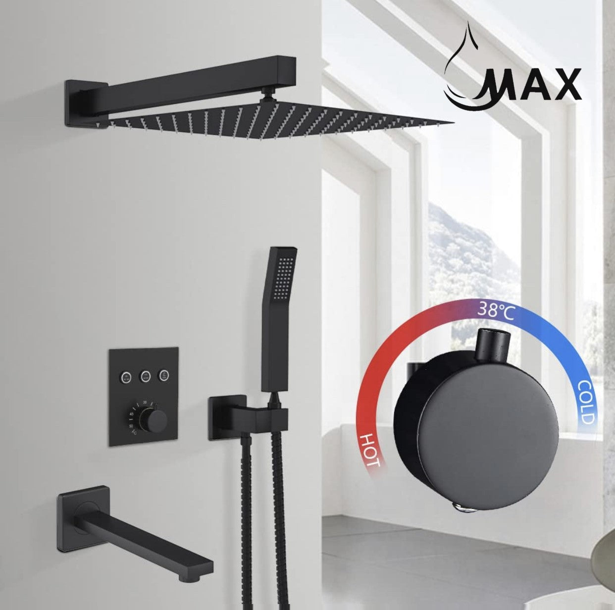 Thermostatic Square Shower System Three Functions With Valve Matte Black Finish