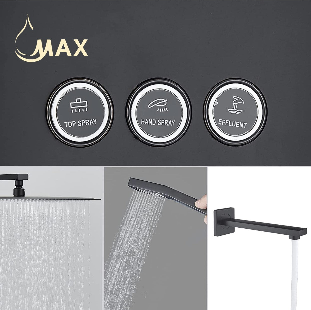 Thermostatic Square Shower System Three Functions With Valve Matte Black Finish