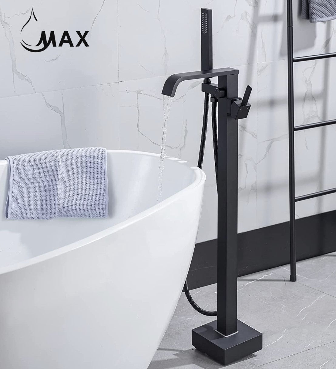Matte Black Tub Filler Faucet Single Handle Waterfall Floor Mounted With Rough-In And Handheld