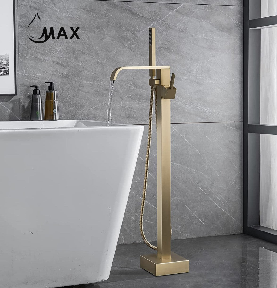 Waterfall Tub Filler Faucet Single Handle Floor Mounted With Rough-In And Handheld Brushed Gold Finish