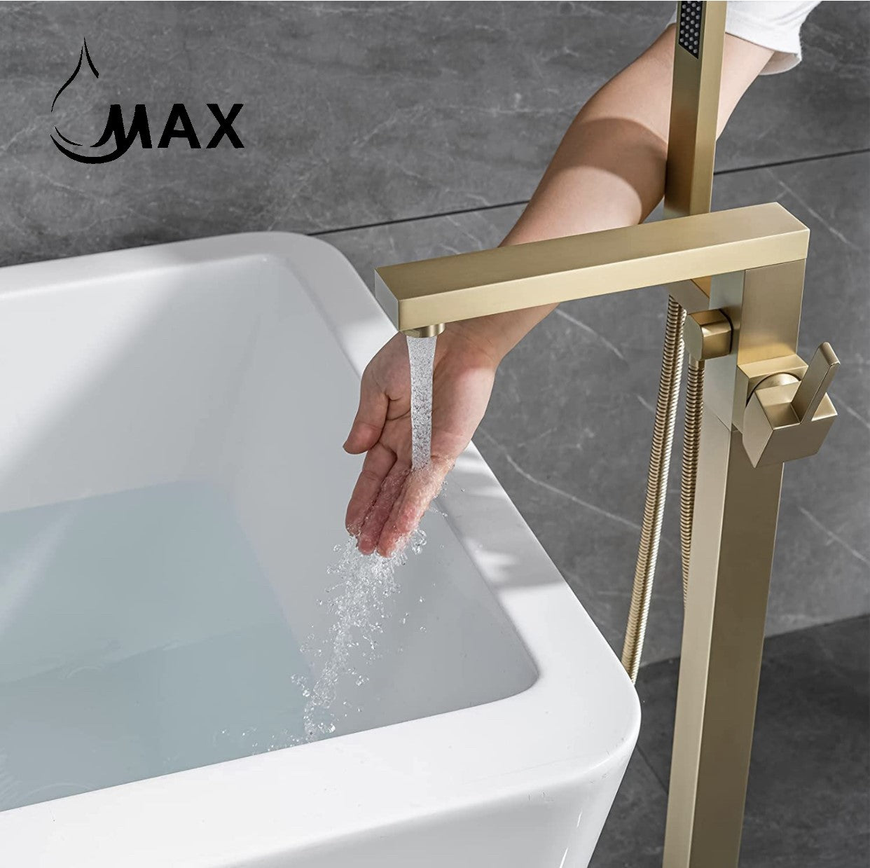 Brushed Gold Tub Filler Faucet Floor Mounted Single Handle With Rough-In And Handheld