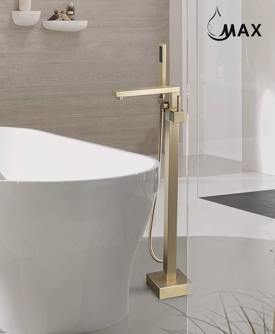 Brushed Gold Tub Filler Faucet Floor Mounted Single Handle With Rough-In And Handheld