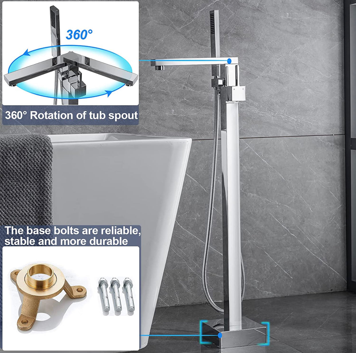 Tub Filler Faucet Floor Mounted Single Handle With Rough-In And Handheld Chrome Finish