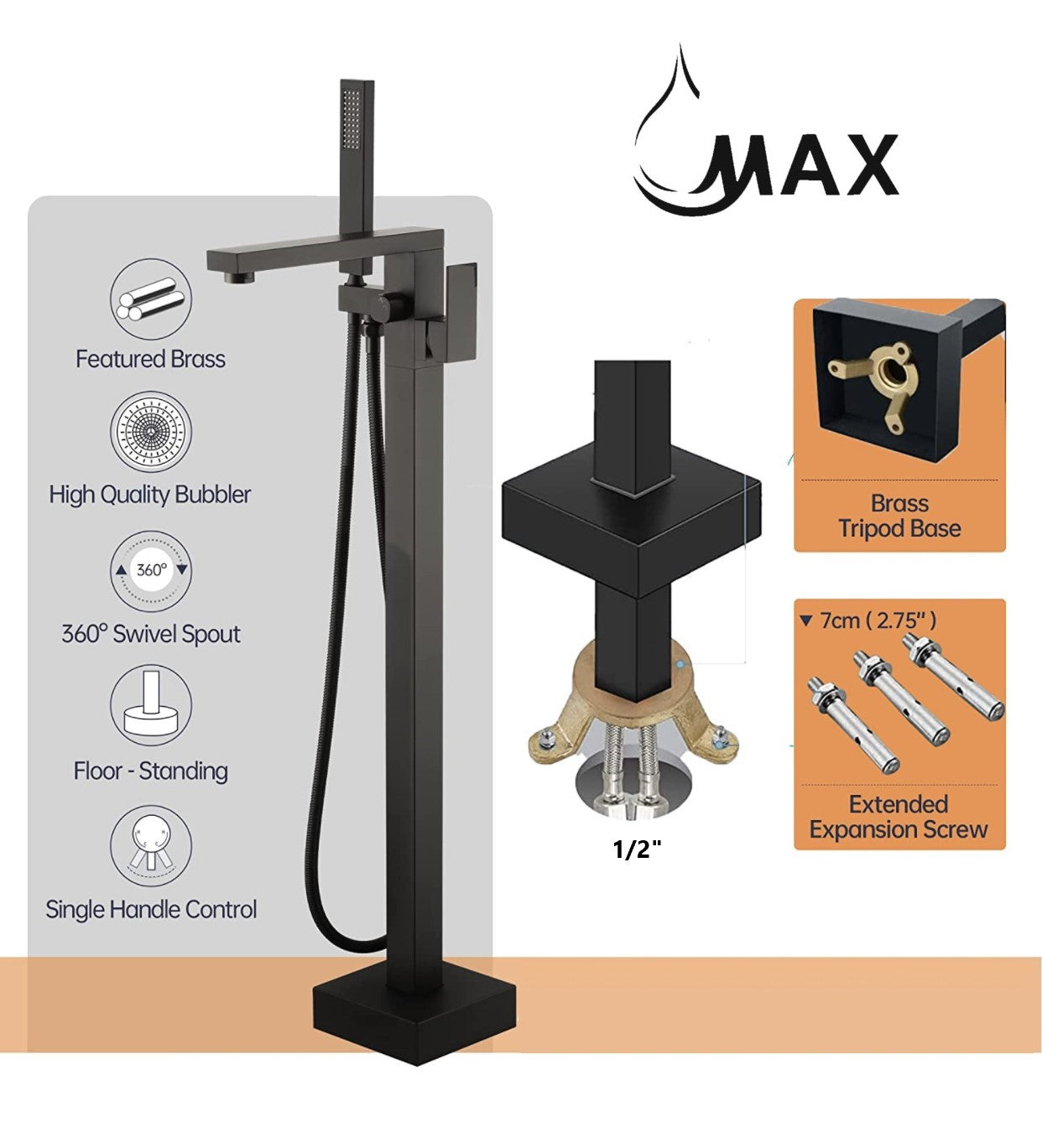 Floor Mounted Tub Filler Faucet Single Handle With Rough-In And Handheld Matte Black Finish