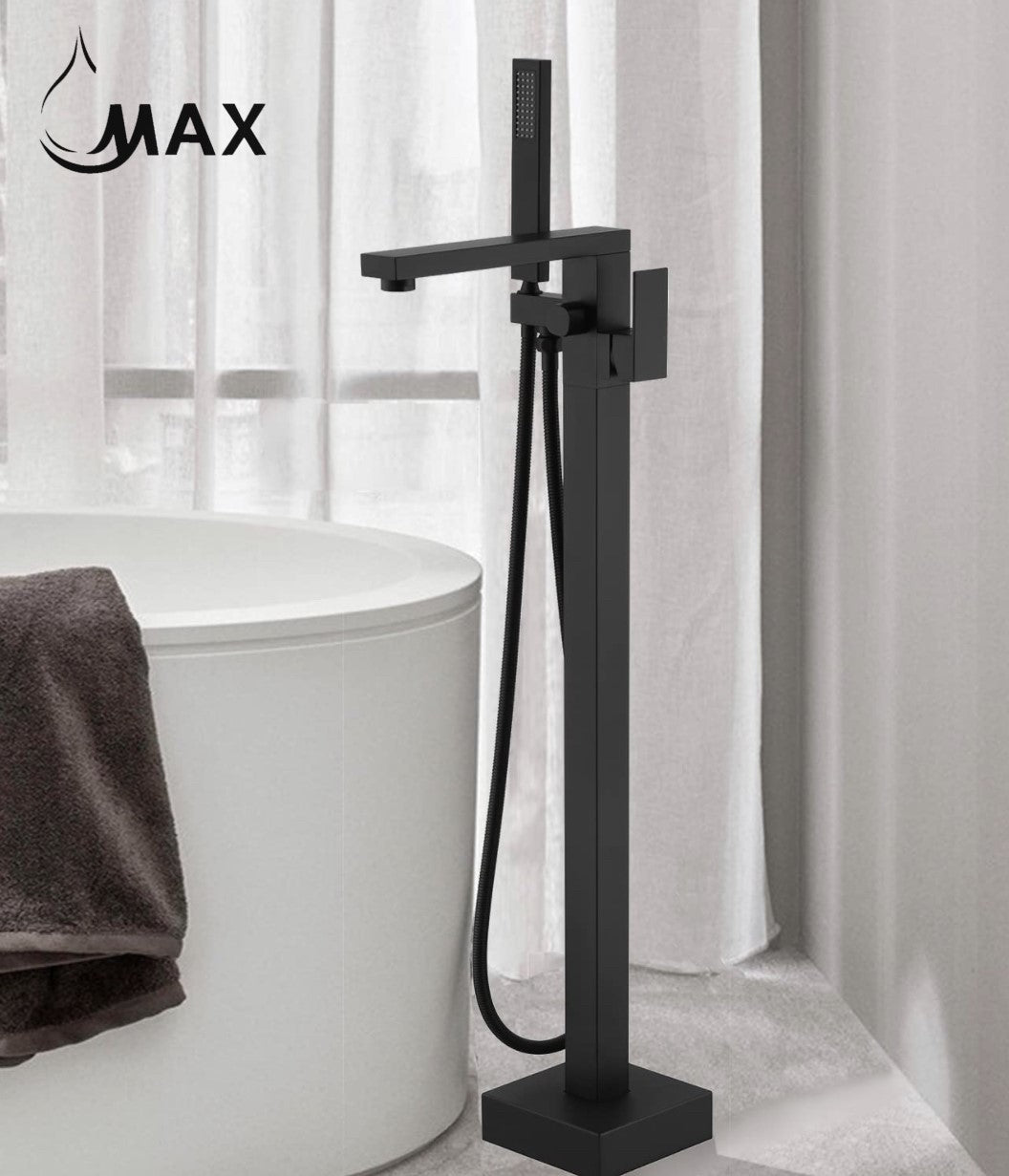 Floor Mounted Tub Filler Faucet Single Handle With Rough-In And Handheld Matte Black Finish