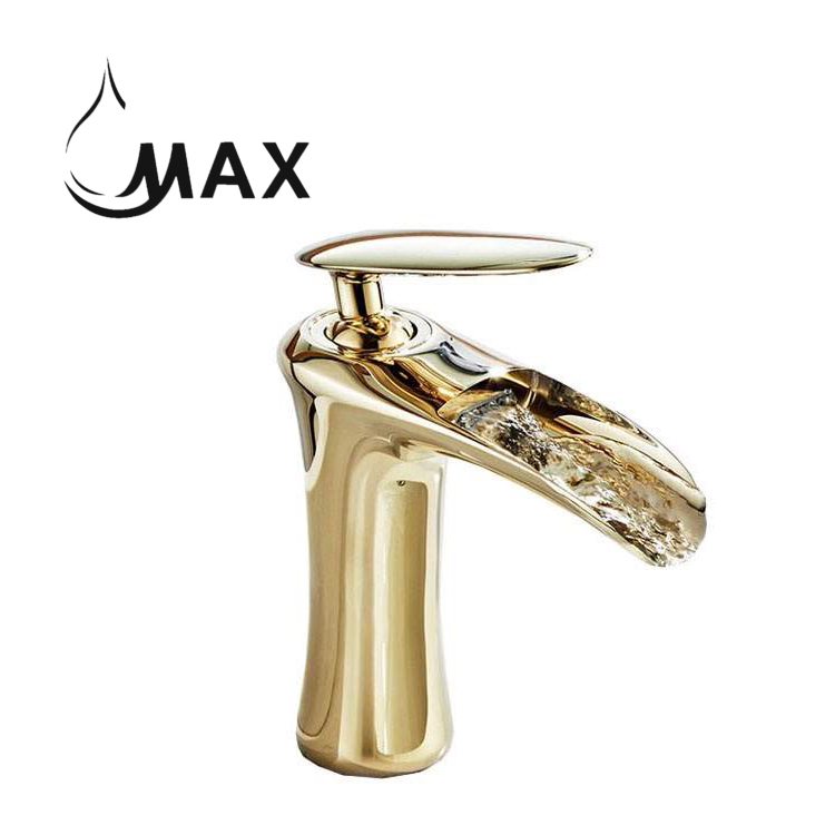 Waterfall Bathroom Faucet Single Handle Shiny Gold Finish