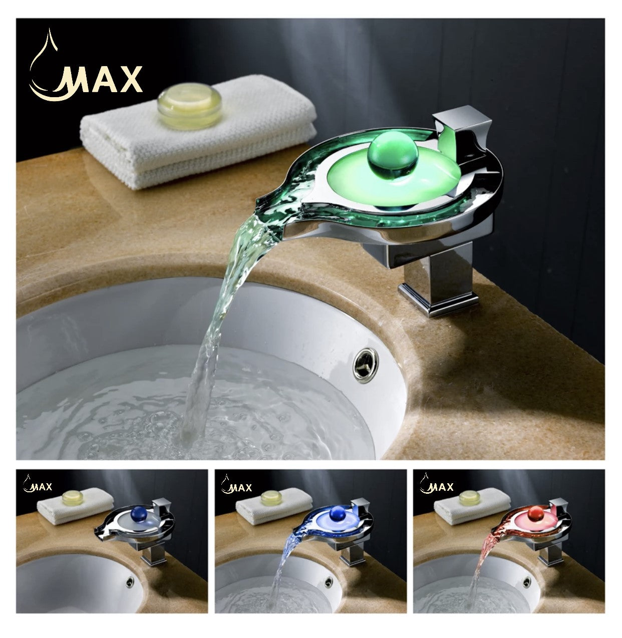 Waterfall Bathroom Faucet With LED Light Chrome,Glass Finish