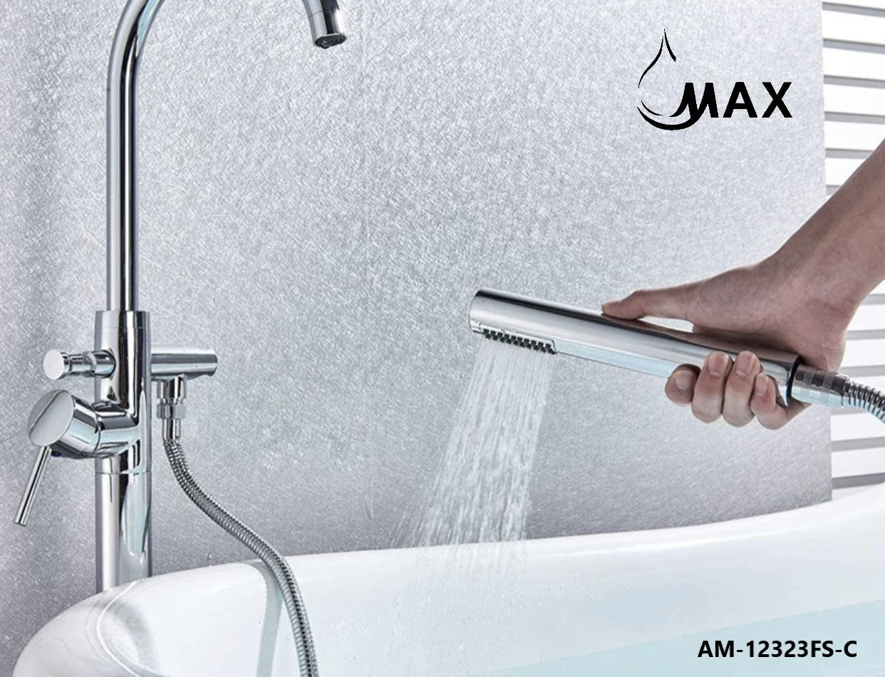 Tub Filler Faucet Single Handle Floor Mounted With Rough-In And Handheld Chrome Finish