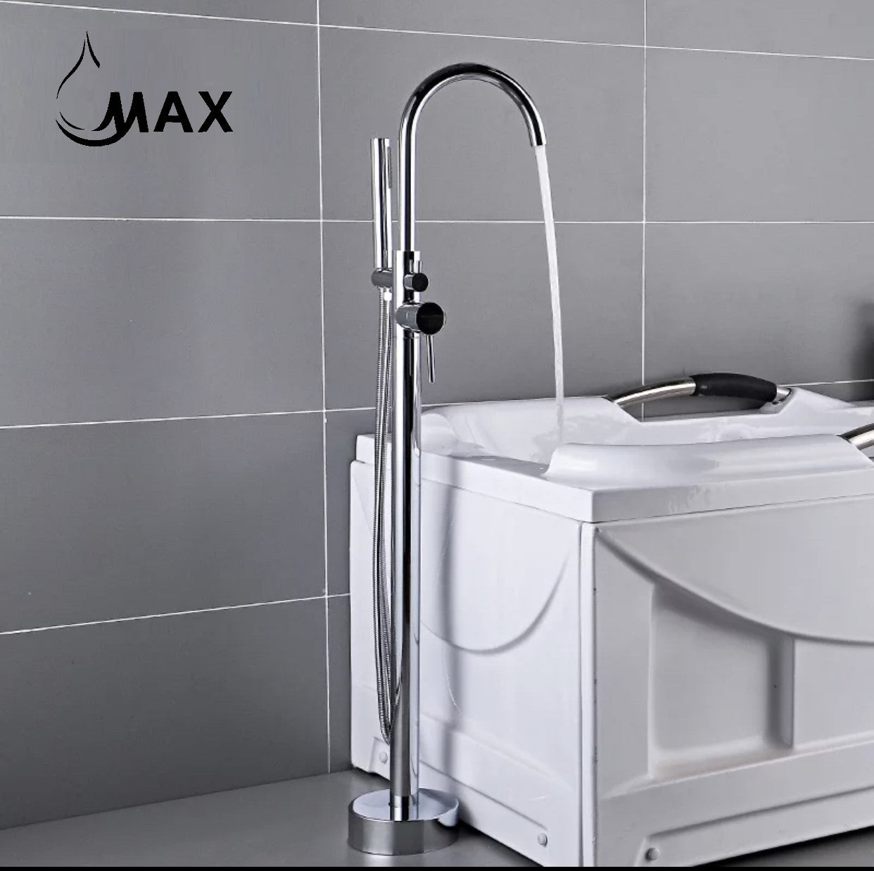 Tub Filler Faucet Single Handle Floor Mounted With Rough-In And Handheld Chrome Finish