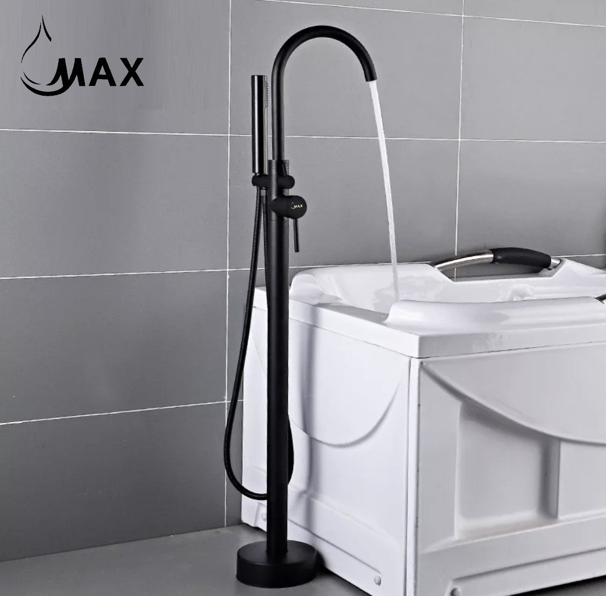 Tub Filler Faucet Single Handle Floor Mount With Rough-In And Handheld Matte Black Finish