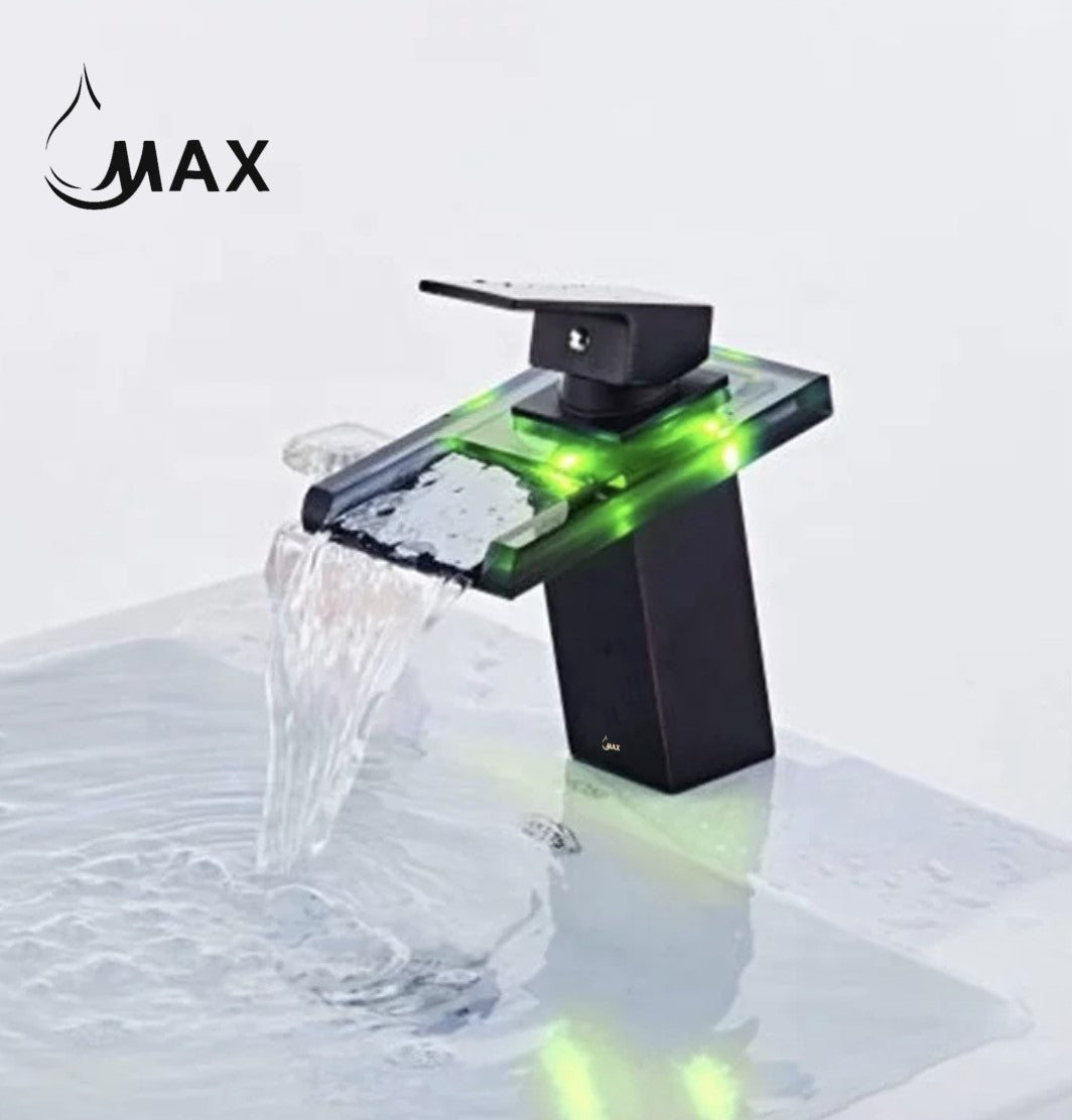 Waterfall Bathroom Faucet Single Handle With LED Light Matte Black,Glass Finish