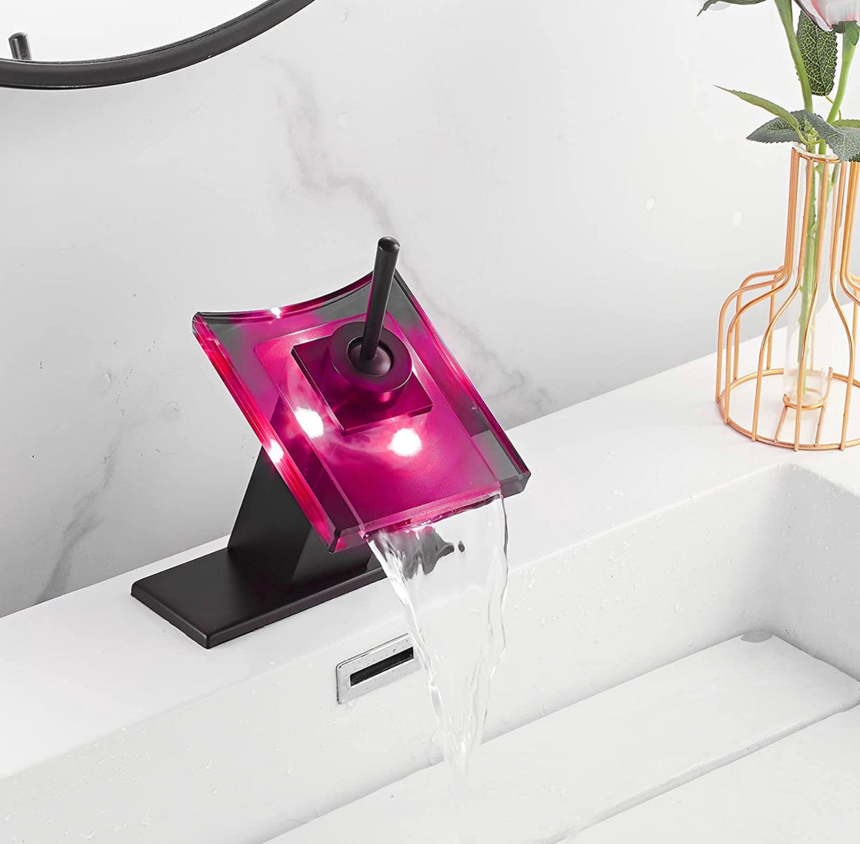 Waterfall Bathroom Faucet Single Handle With LED Light Matte Black,Glass Finish