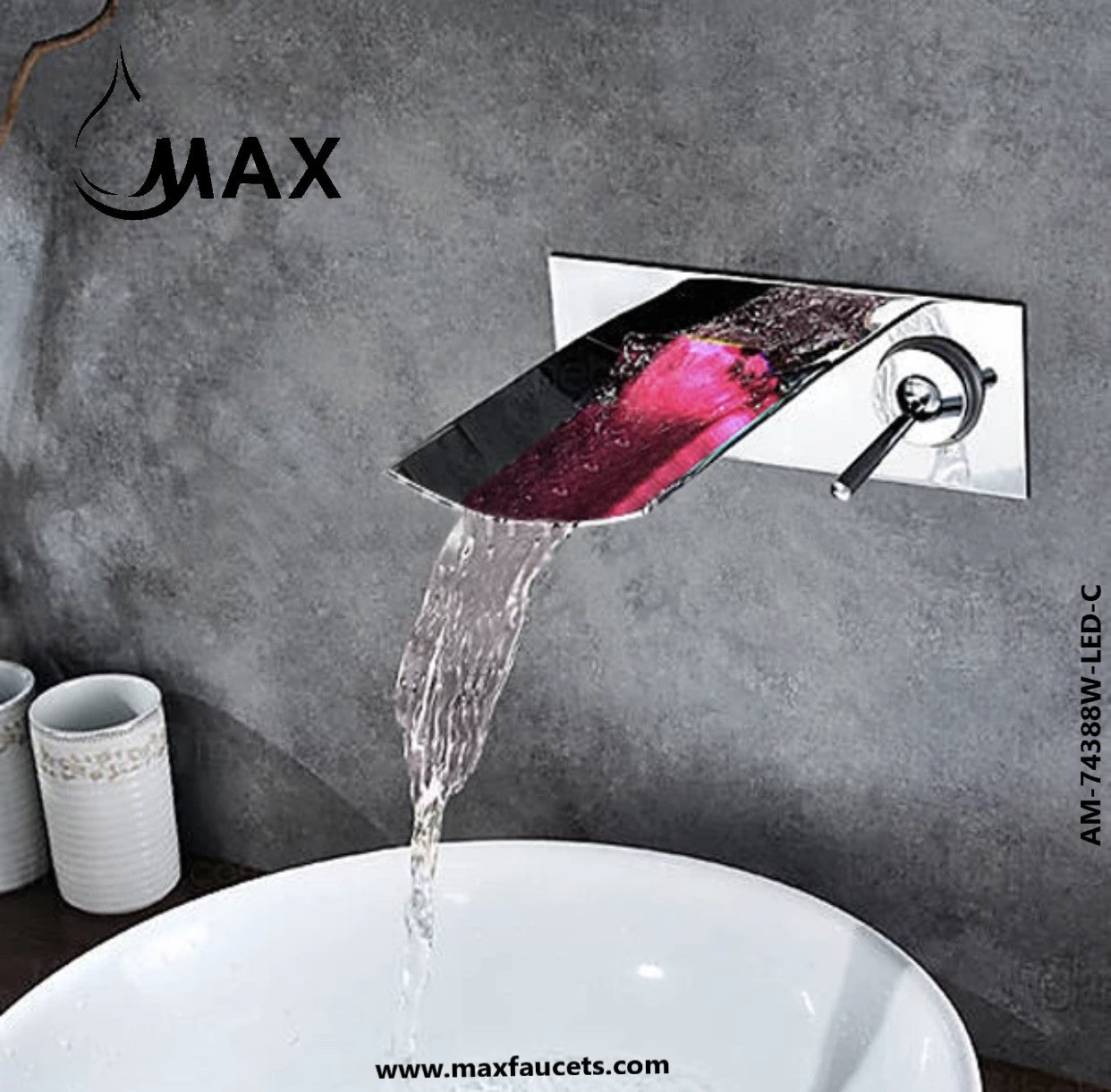 Waterfall Bathroom Faucet Wall Mounted With LED Light Chrome Finish