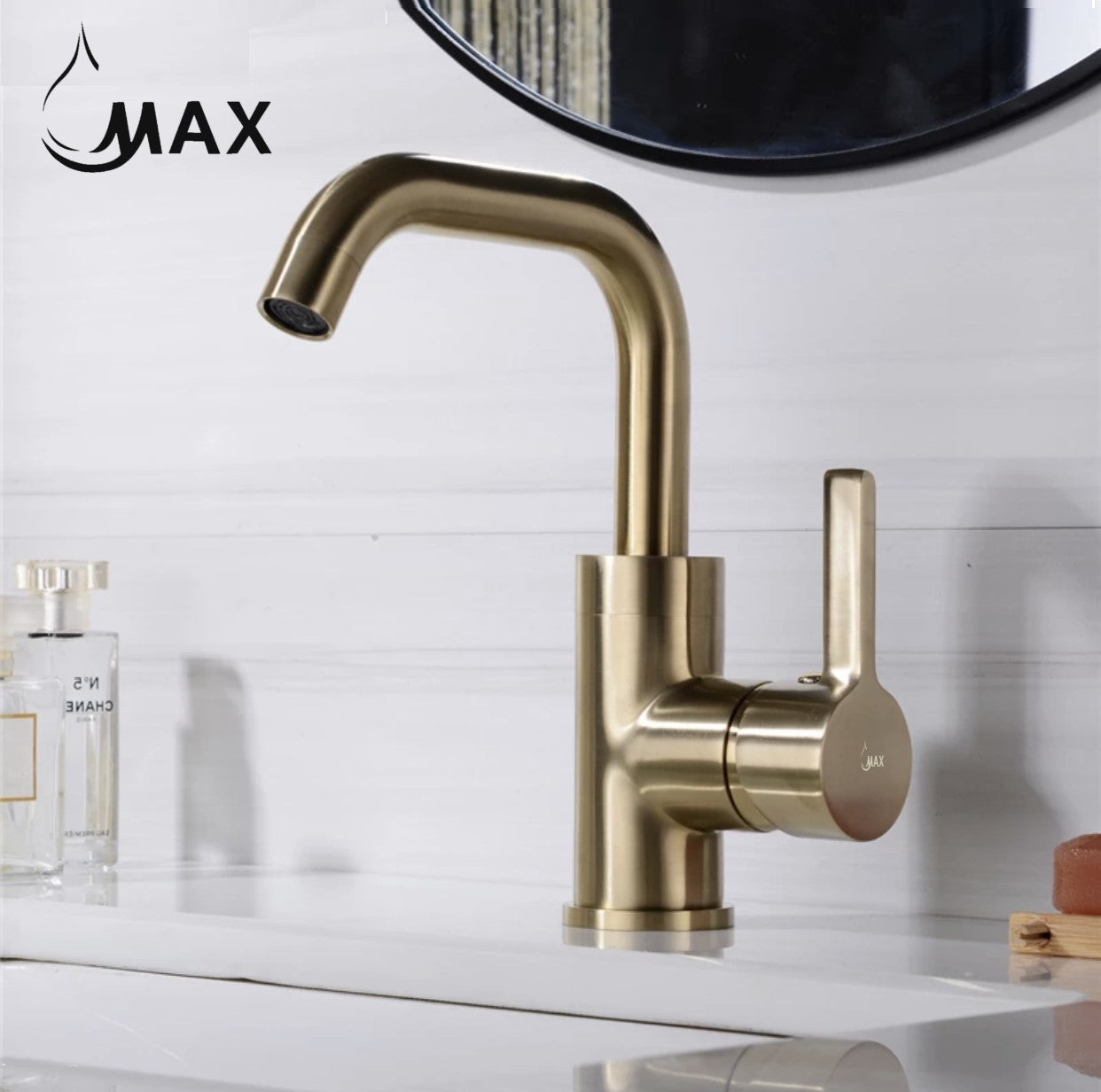 Swivel Side Handle Bathroom Faucet In Brushed Gold Finish