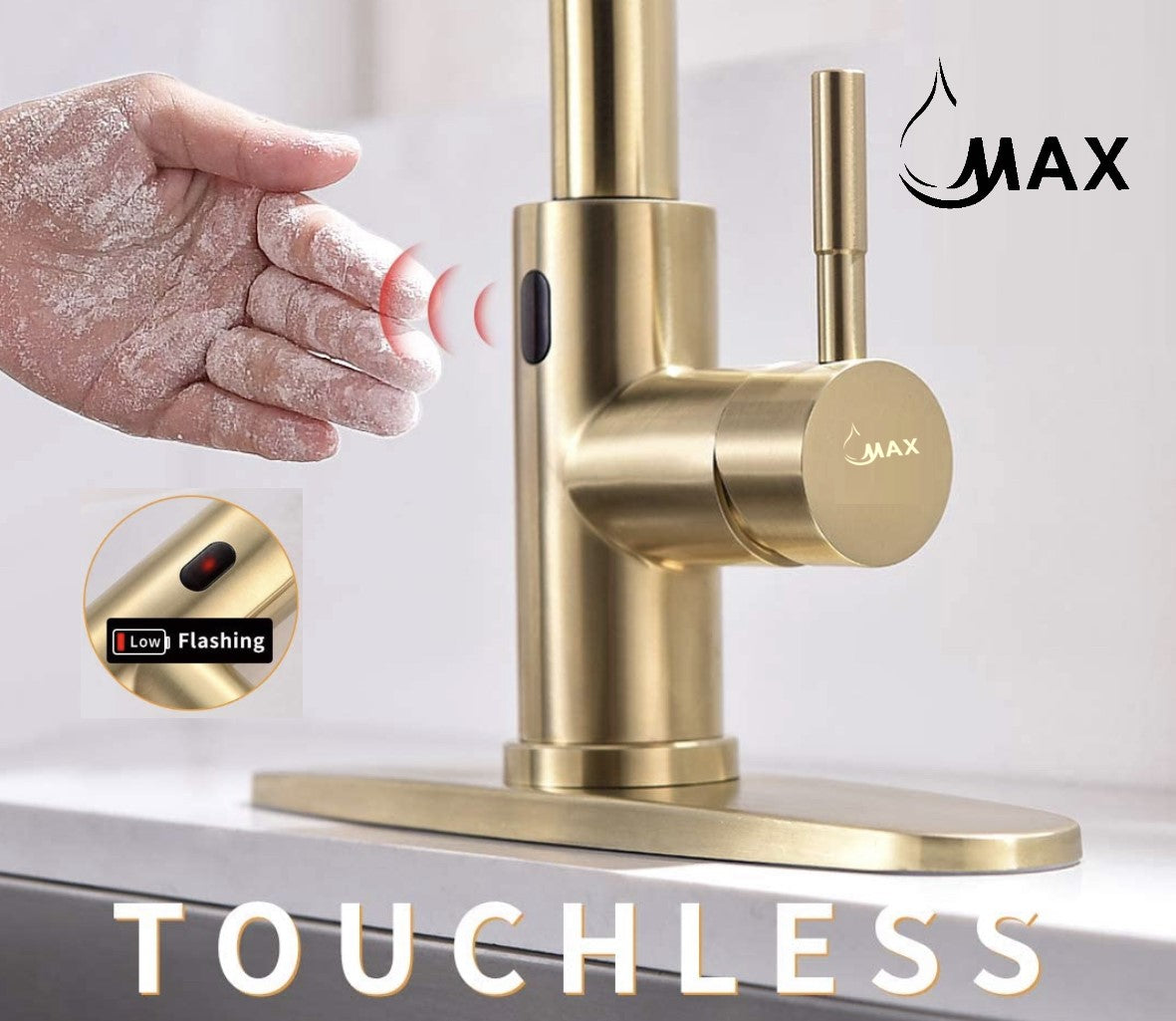 Smart Touch-Less Kitchen Faucet Pull-Out Spring Spout 20" Brushed Gold Finish