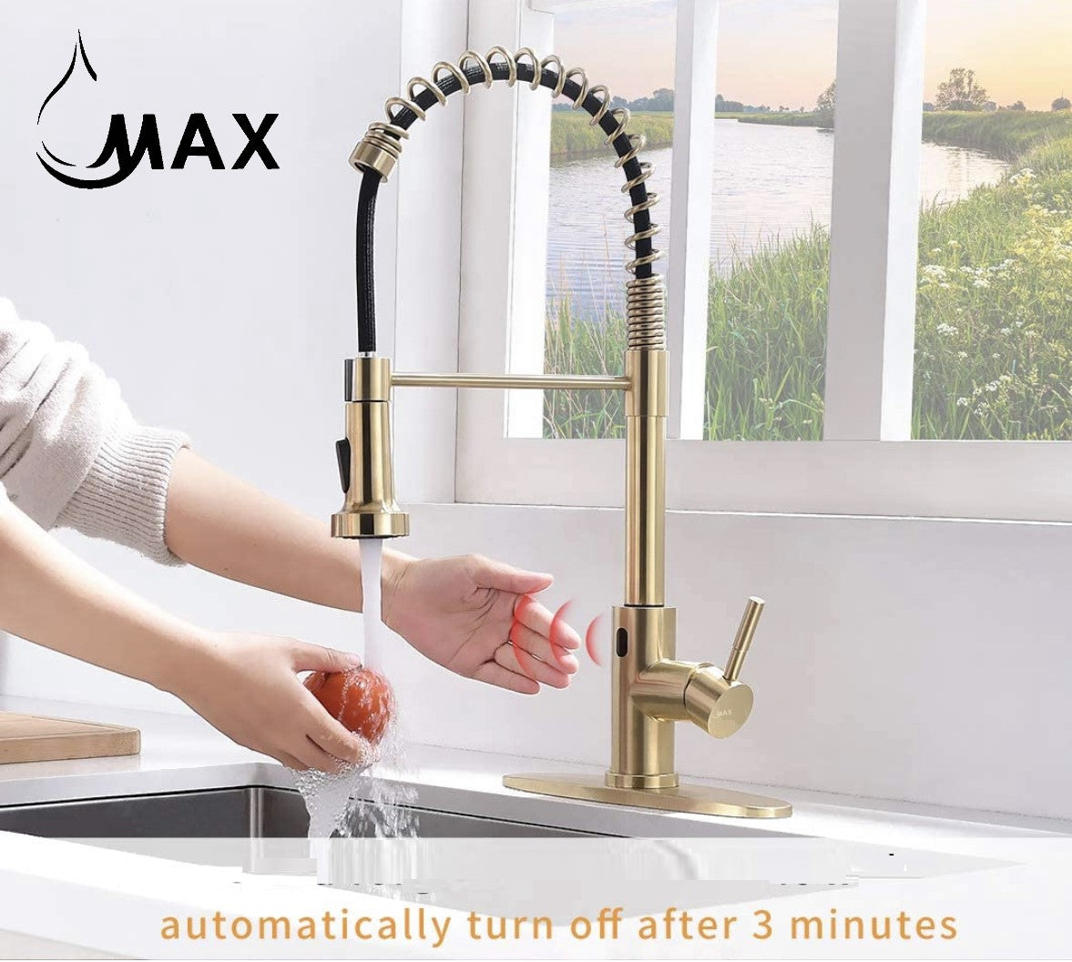 Smart Touch-Less Kitchen Faucet Pull-Out Spring Spout 20" Brushed Gold Finish